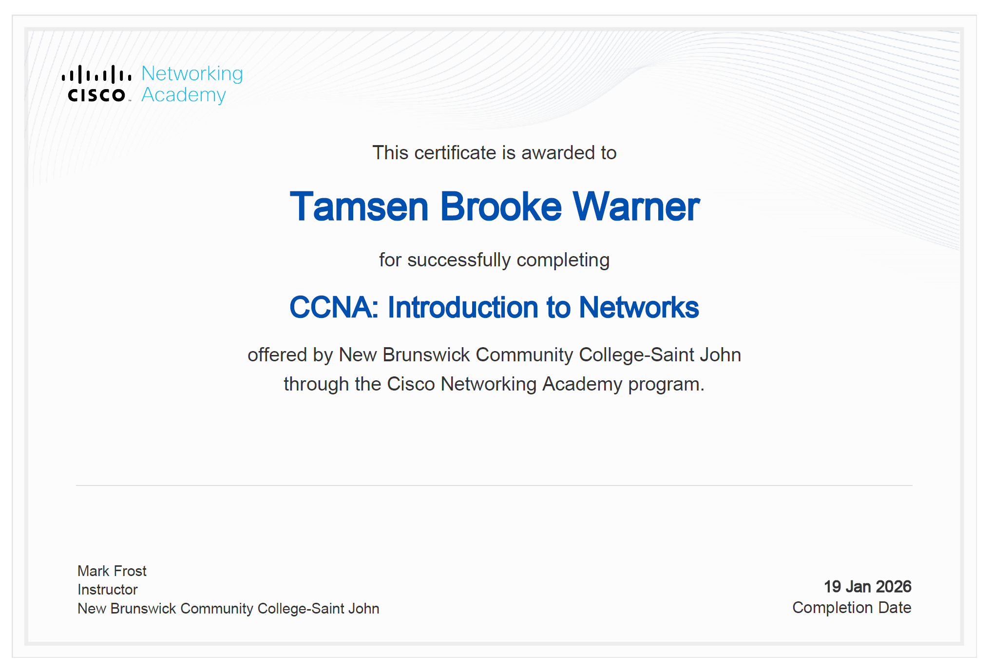 Cisco Networking Academy Intro to Networks completion certificate