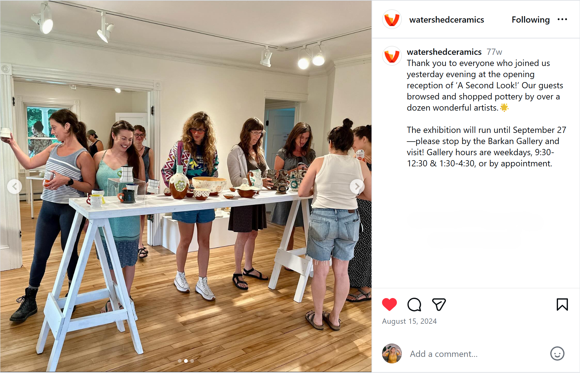 Attendees peruse artworks at a gallery opening reception at Watershed Ceramics